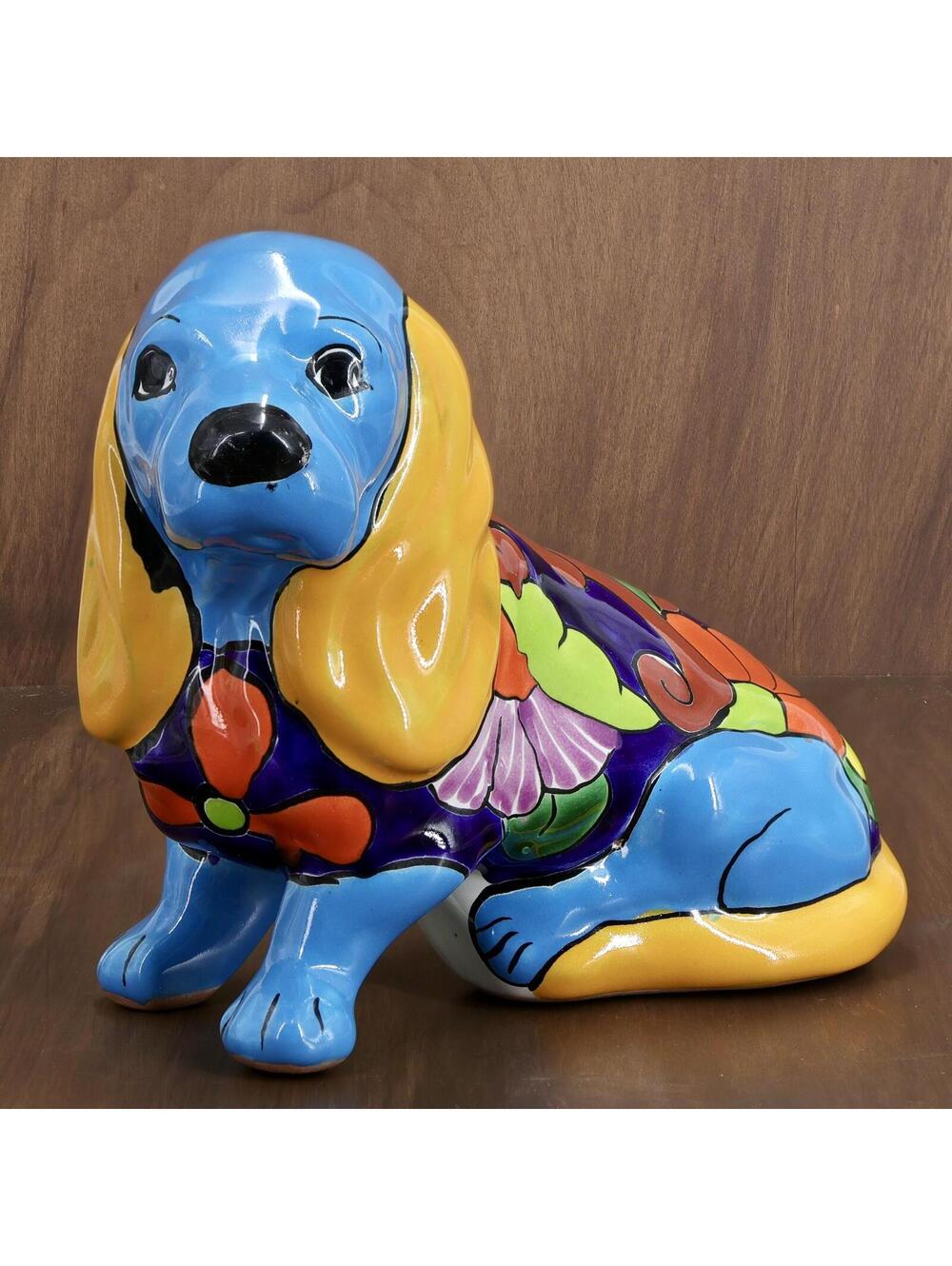 Vintage Talavera Terracotta Hound Dog Hand-Painted Vibrant Folk Art Statue 9"